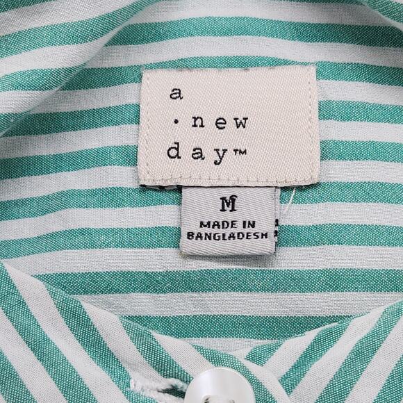 A New Day Top Womens M Green White Striped Balloon Long Sleeve Button-Down Femme - Picture 3 of 9